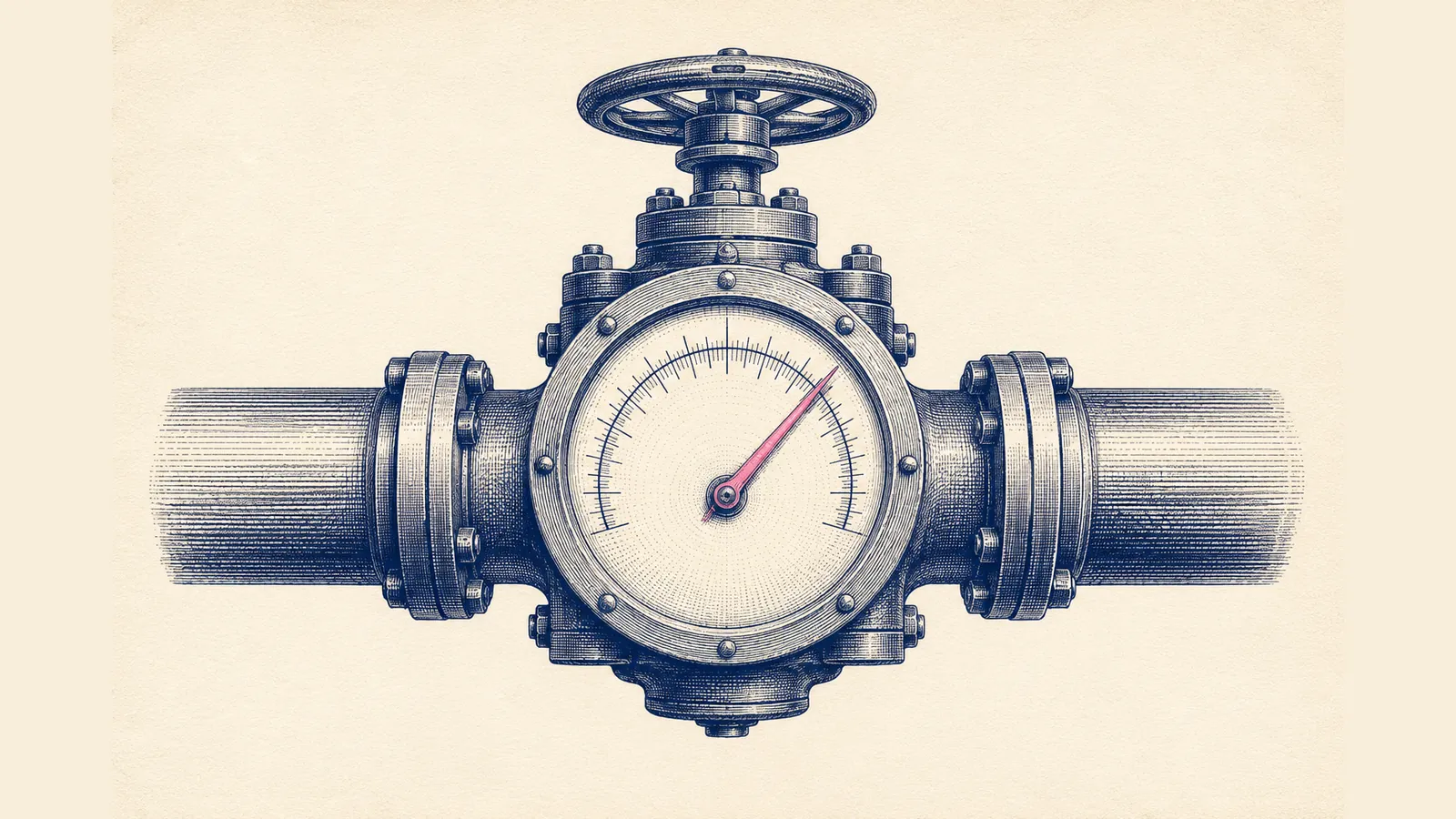 A copperplate engraving of an inline flow-regulator valve on a heavy pipe, hatched in deep navy on cream paper, its large dial marked with a continuous graduated arc and a single pink needle resting partway along it.