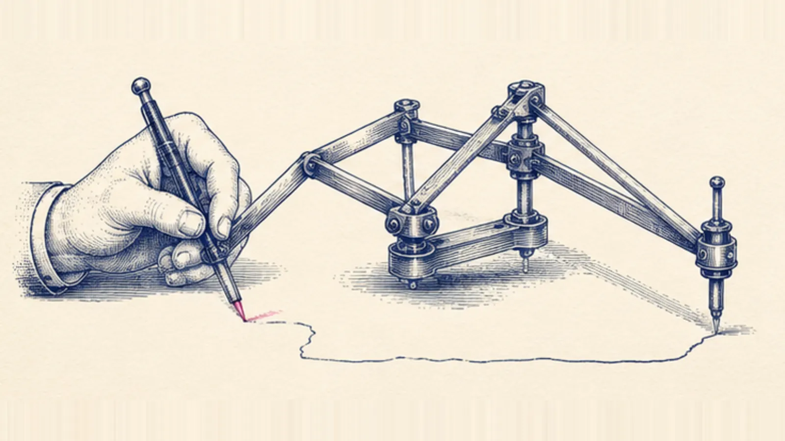 A copperplate engraving of a pantograph copying instrument, hatched in deep navy on cream paper, a human hand guiding a stylus at one end while the jointed arms reproduce the line at the other, with the guided stylus tip tinted pink.