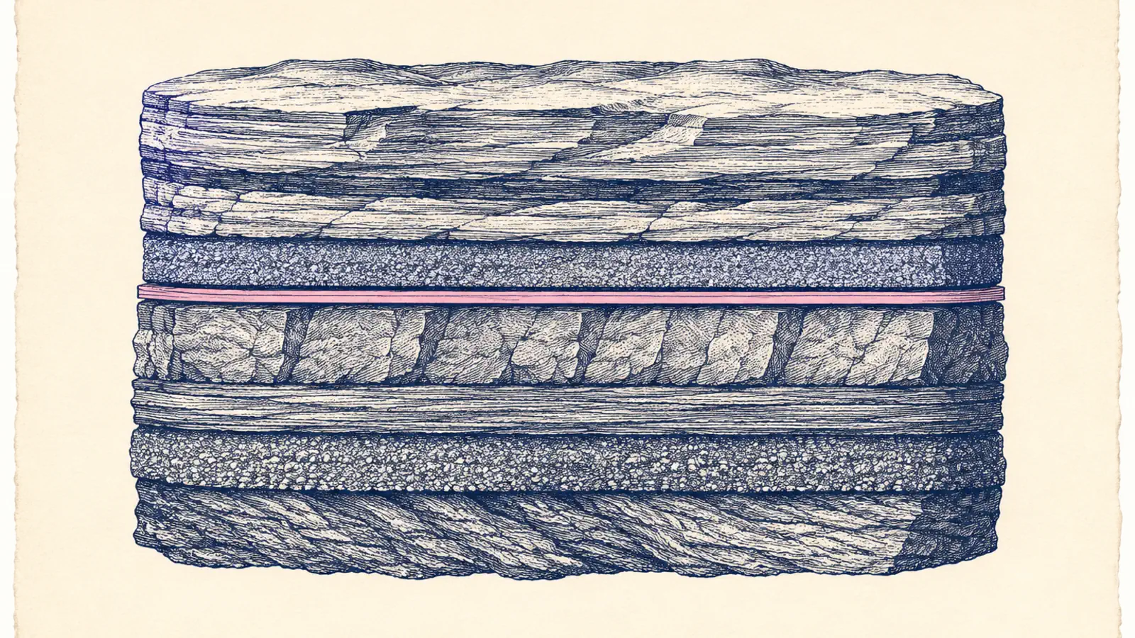 A copperplate engraving of a cutaway rock formation seen edge-on, its thick natural strata hatched in deep navy line on cream paper, with a single thin machined pink seam inserted between the upper and lower layers.