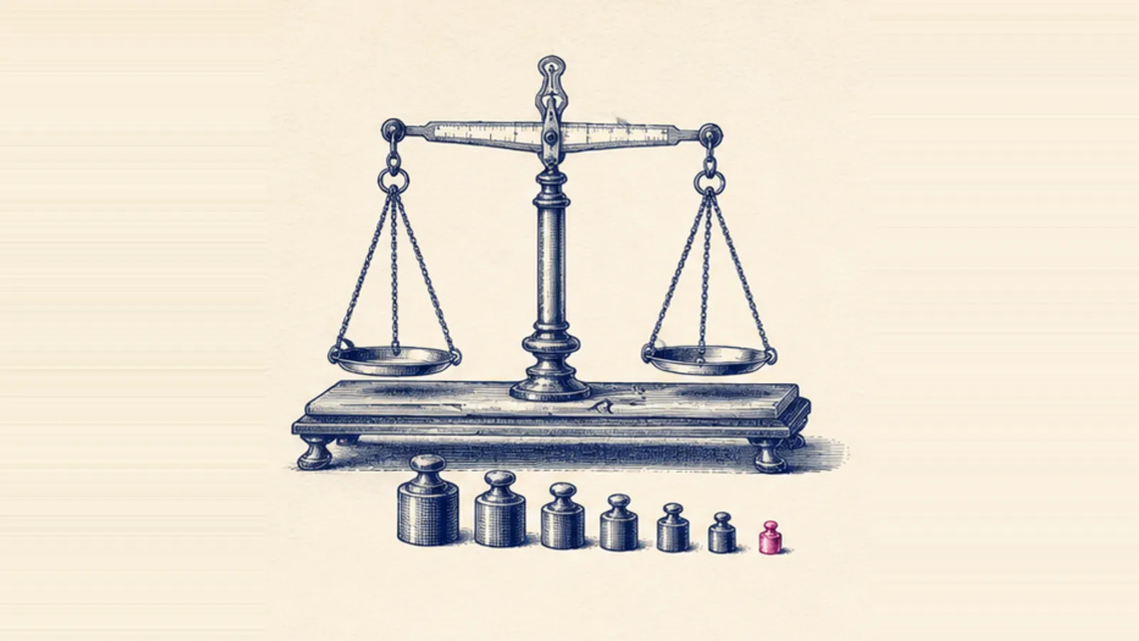 A copperplate engraving of an apothecary's beam balance in equilibrium, hatched in deep navy on cream paper, with a graduated row of precision weights on the bench beside it and the smallest weight tinted pink and set apart from the set.