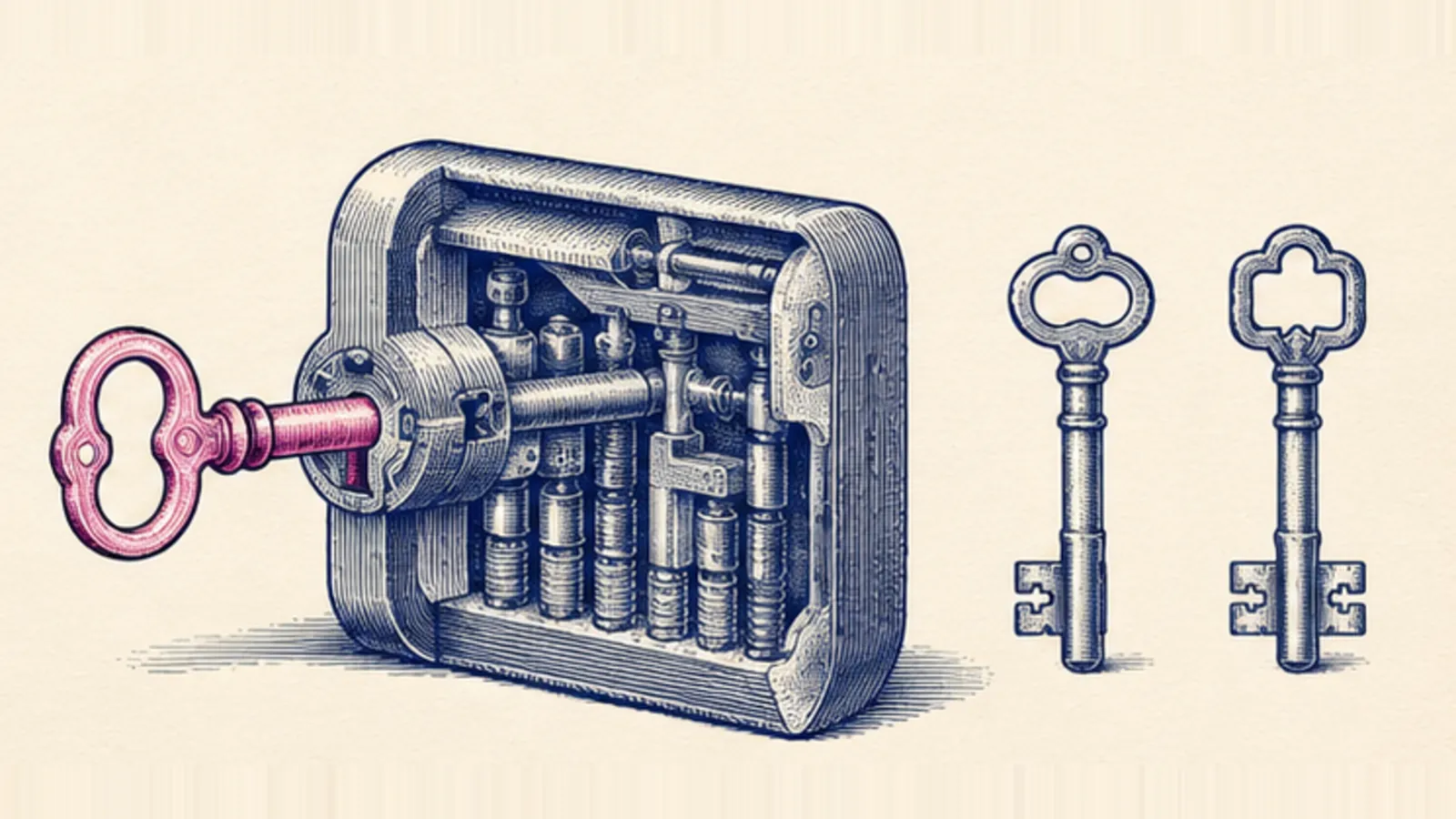 A copperplate engraving of a mortice lock shown in cutaway with its internal levers exposed, hatched in deep navy on cream paper, one pink key engaged in the mechanism and two differently cut keys resting beside it.