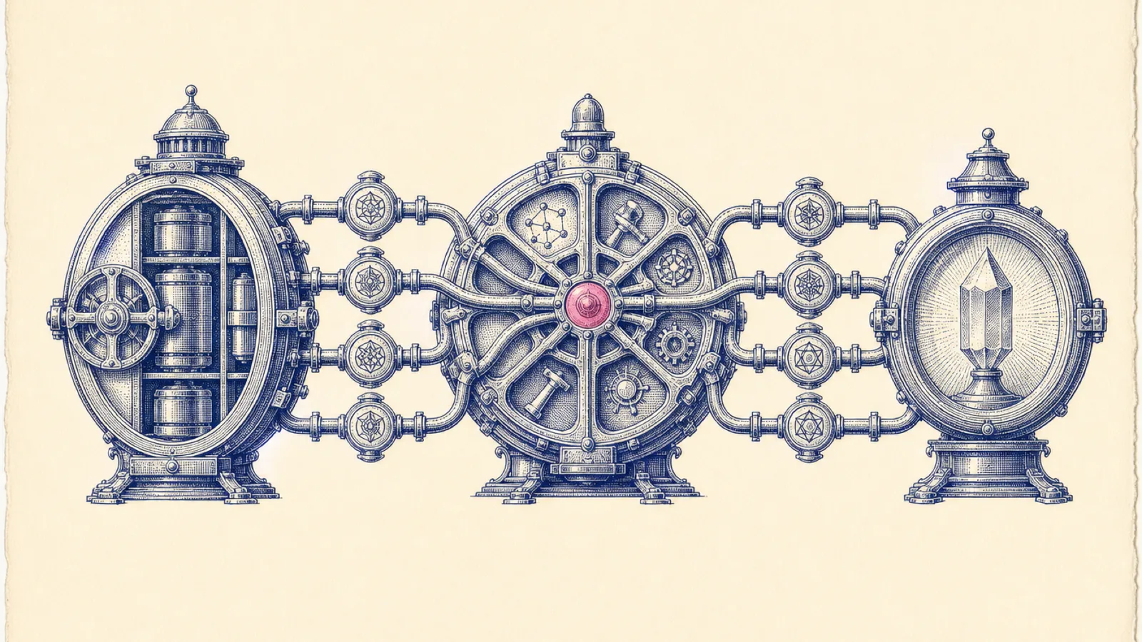 A centered engraved causal-lineage instrument connects source chambers, a branching mechanism, and a final answer vessel, with one small pink accent at the central junction.