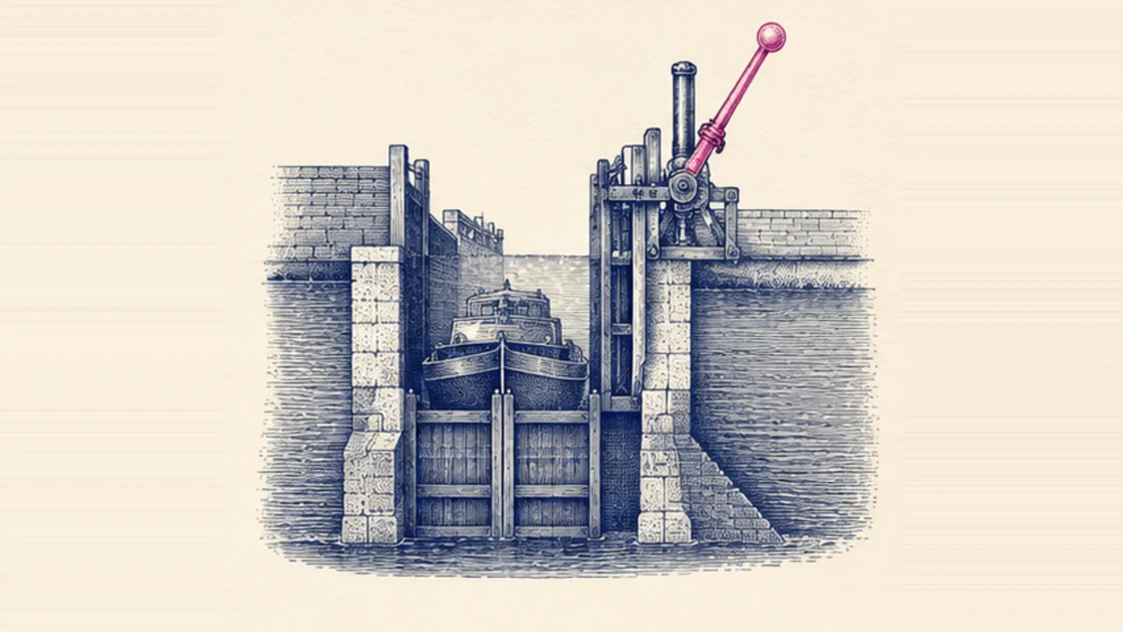 A copperplate engraving of a canal lock in cross-section with a vessel mid-transit between two water levels, hatched in deep navy on cream paper, the upper gate mechanism drawn in mechanical detail with its operating lever tinted pink.